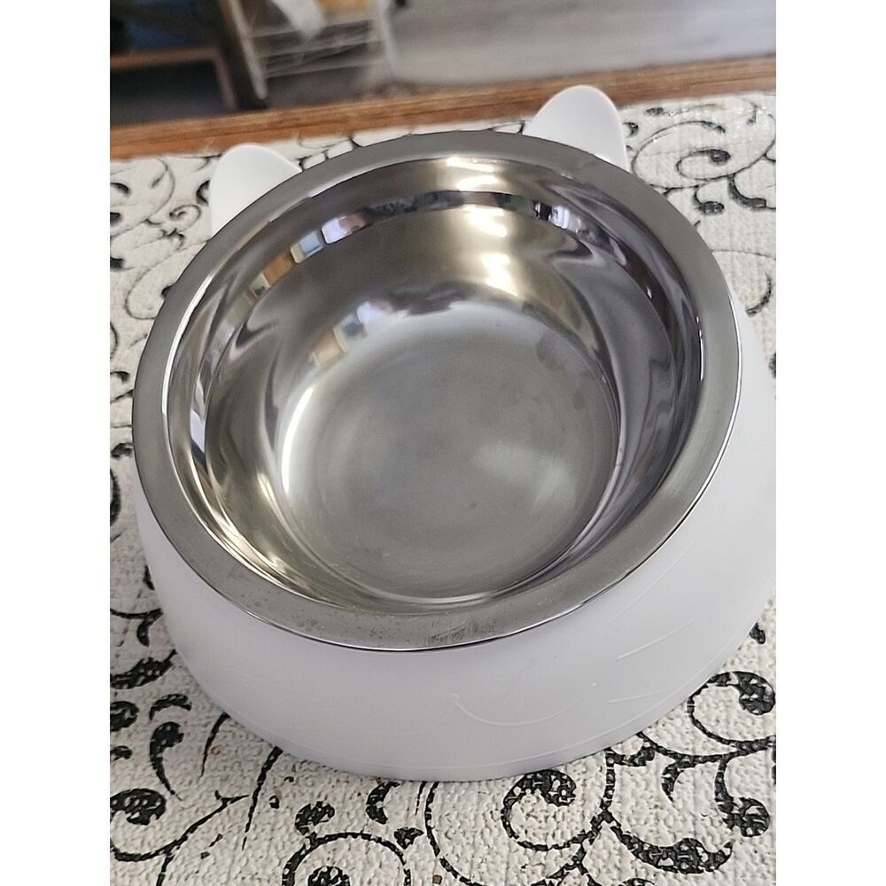 Stainless Steel Pet Bowl with White Cat-Shaped Base